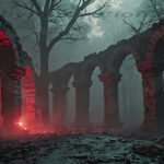 A cinematic shot of a long forgotten gothic ruins, where the forces of evil and good once battled. The picture was at twilight, with the suns rays casting long, macabre shadows, punctuated by sharp crepuscular rays breaking through the red mist. UHD wallpapers. Fantasy desktop backgrounds by Art by Innovation. Ruined stone arches in a foggy forest, lit by a red glow from a bonfire in the center.