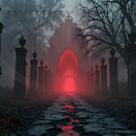 A cinematic shot of a long forgotten gothic ruins, where the forces of evil and good once battled. The picture was at twilight, with the suns rays casting long, macabre shadows, punctuated by sharp crepuscular rays breaking through the red mist. UHD wallpapers. Fantasy desktop backgrounds by Art by Innovation. Misty forest path flanked by stone pillars, ending in a glowing red Gothic archway.