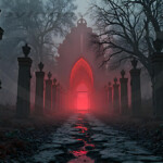 A cinematic shot of a long forgotten gothic ruins, where the forces of evil and good once battled. The picture was at twilight, with the suns rays casting long, macabre shadows, punctuated by sharp crepuscular rays breaking through the red mist. UHD wallpapers. Fantasy desktop backgrounds by Art by Innovation. Misty forest path flanked by stone pillars, ending in a glowing red Gothic archway.