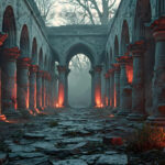 A cinematic shot of a long forgotten gothic ruins, where the forces of evil and good once battled. The picture was at twilight, with the suns rays casting long, macabre shadows, punctuated by sharp crepuscular rays breaking through the red mist. UHD wallpapers. Fantasy desktop backgrounds by Art by Innovation. Ruined stone colonnade with arches, lit by red torches along a mossy path fading into misty distance.
