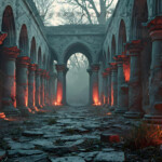 A cinematic shot of a long forgotten gothic ruins, where the forces of evil and good once battled. The picture was at twilight, with the suns rays casting long, macabre shadows, punctuated by sharp crepuscular rays breaking through the red mist. UHD wallpapers. Fantasy desktop backgrounds by Art by Innovation. Ruined stone colonnade with arches, lit by red torches along a mossy path fading into misty distance.
