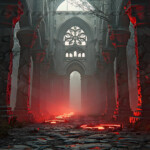 A cinematic shot of a long forgotten gothic ruins, where the forces of evil and good once battled. The picture was at twilight, with the suns rays casting long, macabre shadows, punctuated by sharp crepuscular rays breaking through the red mist. UHD wallpapers. Fantasy desktop backgrounds by Art by Innovation. Gothic ruin in a misty forest with towering pillars and a glowing red light along a ruined walkway.