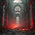 A cinematic shot of a long forgotten gothic ruins, where the forces of evil and good once battled. The picture was at twilight, with the suns rays casting long, macabre shadows, punctuated by sharp crepuscular rays breaking through the red mist. UHD wallpapers. Fantasy desktop backgrounds by Art by Innovation. Gothic ruin in a misty forest with towering pillars and a glowing red light along a ruined walkway.