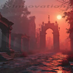 A cinematic shot of a long forgotten gothic ruins, where the forces of evil and good once battled. The picture was at twilight, with the suns rays casting long, macabre shadows, punctuated by sharp crepuscular rays breaking through the red mist. UHD wallpapers. Fantasy desktop backgrounds by Art by Innovation. Ruined stone archways along a cracked path at sunset, with eerie red light and mist surrounding the ruins.