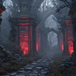 A cinematic shot of a long forgotten gothic ruins, where the forces of evil and good once battled. The picture was at twilight, with the suns rays casting long, macabre shadows, punctuated by sharp crepuscular rays breaking through the red mist. UHD wallpapers. Fantasy desktop backgrounds by Art by Innovation. Ancient stone archway ruins lined with columns lit in red, misty forest path ahead.