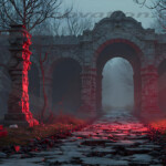 A cinematic shot of a long forgotten gothic ruins, where the forces of evil and good once battled. The picture was at twilight, with the suns rays casting long, macabre shadows, punctuated by sharp crepuscular rays breaking through the red mist. UHD wallpapers. Fantasy desktop backgrounds by Art by Innovation. Ruined stone arches forming a dim corridor, bathed in red glow with fog over a cobblestone path.