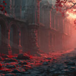 A cinematic shot of a long forgotten gothic ruins, where the forces of evil and good once battled. The picture was at twilight, with the suns rays casting long, macabre shadows, punctuated by sharp crepuscular rays breaking through the red mist. UHD wallpapers. Fantasy desktop backgrounds by Art by Innovation. Ruined stone arcade with arches, bathed in red light and fog, a rocky path unfolds ahead.
