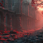 A cinematic shot of a long forgotten gothic ruins, where the forces of evil and good once battled. The picture was at twilight, with the suns rays casting long, macabre shadows, punctuated by sharp crepuscular rays breaking through the red mist. UHD wallpapers. Fantasy desktop backgrounds by Art by Innovation. Ruined stone arcade with arches, bathed in red light and fog, a rocky path unfolds ahead.