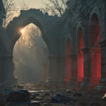 A cinematic shot of a long forgotten gothic ruins, where the forces of evil and good once battled. The picture was at twilight, with the suns rays casting long, macabre shadows, punctuated by sharp crepuscular rays breaking through the red mist. UHD wallpapers. Fantasy desktop backgrounds by Art by Innovation. Ruined stone arches form a dim corridor with sunlight streaming through an opening, rubble on the ground, and a red glow on the right columns.