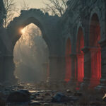 A cinematic shot of a long forgotten gothic ruins, where the forces of evil and good once battled. The picture was at twilight, with the suns rays casting long, macabre shadows, punctuated by sharp crepuscular rays breaking through the red mist. UHD wallpapers. Fantasy desktop backgrounds by Art by Innovation. Ruined stone arches form a dim corridor with sunlight streaming through an opening, rubble on the ground, and a red glow on the right columns.
