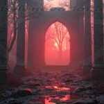 A cinematic shot of a long forgotten gothic ruins, where the forces of evil and good once battled. The picture was at twilight, with the suns rays casting long, macabre shadows, punctuated by sharp crepuscular rays breaking through the red mist. UHD wallpapers. Fantasy desktop backgrounds by Art by Innovation. Ruined stone columns form an archway in a foggy forest at sunset, with crimson light filtering through the arch.