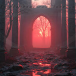 A cinematic shot of a long forgotten gothic ruins, where the forces of evil and good once battled. The picture was at twilight, with the suns rays casting long, macabre shadows, punctuated by sharp crepuscular rays breaking through the red mist. UHD wallpapers. Fantasy desktop backgrounds by Art by Innovation. Ruined stone columns form an archway in a foggy forest at sunset, with crimson light filtering through the arch.