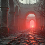 A cinematic shot of a long forgotten gothic ruins, where the forces of evil and good once battled. The picture was at twilight, with the suns rays casting long, macabre shadows, punctuated by sharp crepuscular rays breaking through the red mist. UHD wallpapers. Fantasy desktop backgrounds by Art by Innovation. Ruined stone corridor with tall columns and arches, debris on the floor, illuminated by a red glow at the far end.