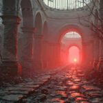 A cinematic shot of a long forgotten gothic ruins, where the forces of evil and good once battled. The picture was at twilight, with the suns rays casting long, macabre shadows, punctuated by sharp crepuscular rays breaking through the red mist. UHD wallpapers. Fantasy desktop backgrounds by Art by Innovation. Ruined stone corridor with tall columns and arches, debris on the floor, illuminated by a red glow at the far end.