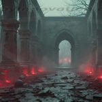 A cinematic shot of a long forgotten gothic ruins, where the forces of evil and good once battled. The picture was at twilight, with the suns rays casting long, macabre shadows, punctuated by sharp crepuscular rays breaking through the red mist. UHD wallpapers. Fantasy desktop backgrounds by Art by Innovation. Ruined stone colonnade with carved statues, red glowing embers along the floor, and an archway in the distance.