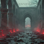 A cinematic shot of a long forgotten gothic ruins, where the forces of evil and good once battled. The picture was at twilight, with the suns rays casting long, macabre shadows, punctuated by sharp crepuscular rays breaking through the red mist. UHD wallpapers. Fantasy desktop backgrounds by Art by Innovation. Ruined stone colonnade with carved statues, red glowing embers along the floor, and an archway in the distance.