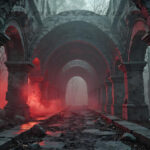 A cinematic shot of a long forgotten gothic ruins, where the forces of evil and good once battled. The picture was at twilight, with the suns rays casting long, macabre shadows, punctuated by sharp crepuscular rays breaking through the red mist. UHD wallpapers. Fantasy desktop backgrounds by Art by Innovation. Ruined stone arches form a long corridor in a foggy forest, lit by eerie red glow on the ground and pillars.