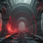 A cinematic shot of a long forgotten gothic ruins, where the forces of evil and good once battled. The picture was at twilight, with the suns rays casting long, macabre shadows, punctuated by sharp crepuscular rays breaking through the red mist. UHD wallpapers. Fantasy desktop backgrounds by Art by Innovation. Ruined stone arches form a long corridor in a foggy forest, lit by eerie red glow on the ground and pillars.