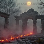 A cinematic shot of a long forgotten gothic ruins, where the forces of evil and good once battled. The picture was at twilight, with the suns rays casting long, macabre shadows, punctuated by sharp crepuscular rays breaking through the red mist. UHD wallpapers. Fantasy desktop backgrounds by Art by Innovation. Moonlit ancient ruins in a foggy forest, with a row of small fires burning along a cracked stone path.