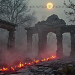 A cinematic shot of a long forgotten gothic ruins, where the forces of evil and good once battled. The picture was at twilight, with the suns rays casting long, macabre shadows, punctuated by sharp crepuscular rays breaking through the red mist. UHD wallpapers. Fantasy desktop backgrounds by Art by Innovation. Moonlit ancient ruins in a foggy forest, with a row of small fires burning along a cracked stone path.