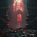 A cinematic shot of a long forgotten gothic ruins, where the forces of evil and good once battled. The picture was at twilight, with the suns rays casting long, macabre shadows, punctuated by sharp crepuscular rays breaking through the red mist. UHD wallpapers. Fantasy desktop backgrounds by Art by Innovation. Ruined stone columns in a dark forest with red light streaming from a glowing archway in the distance