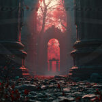A cinematic shot of a long forgotten gothic ruins, where the forces of evil and good once battled. The picture was at twilight, with the suns rays casting long, macabre shadows, punctuated by sharp crepuscular rays breaking through the red mist. UHD wallpapers. Fantasy desktop backgrounds by Art by Innovation. Ruined stone columns in a dark forest with red light streaming from a glowing archway in the distance