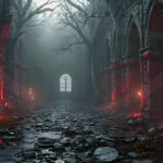 A cinematic shot of a long forgotten gothic ruins, where the forces of evil and good once battled. The picture was at twilight, with the suns rays casting long, macabre shadows, punctuated by sharp crepuscular rays breaking through the red mist. UHD wallpapers. Fantasy desktop backgrounds by Art by Innovation. Dark medieval ruin hall with stone columns, leafless trees, and red torches lighting the walls toward a distant arched window.