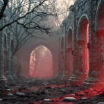 A cinematic shot of a long forgotten gothic ruins, where the forces of evil and good once battled. The picture was at twilight, with the suns rays casting long, macabre shadows, punctuated by sharp crepuscular rays breaking through the red mist. UHD wallpapers. Fantasy desktop backgrounds by Art by Innovation. Ruined stone arcade in a forest, bathed in eerie red light with bare trees and scattered rocks on the ground.