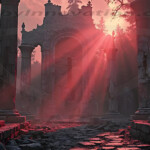 A cinematic shot of a long forgotten gothic ruins, where the forces of evil and good once battled. The picture was at twilight, with the suns rays casting long, macabre shadows, punctuated by sharp crepuscular rays breaking through the red mist. UHD wallpapers. Fantasy desktop backgrounds by Art by Innovation. Ancient ruined temple columns in a forest bathed in red sunbeams.