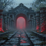 A cinematic shot of a long forgotten gothic ruins, where the forces of evil and good once battled. The picture was at twilight, with the suns rays casting long, macabre shadows, punctuated by sharp crepuscular rays breaking through the red mist. UHD wallpapers. Fantasy desktop backgrounds by Art by Innovation. Stone corridor of ancient ruins with carved columns, leading to a glowing red portal at a gothic arch, red lights along the pillars.