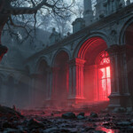 A cinematic shot of a long forgotten gothic ruins, where the forces of evil and good once battled. The picture was at twilight, with the suns rays casting long, macabre shadows, punctuated by sharp crepuscular rays breaking through the red mist. UHD wallpapers. Fantasy desktop backgrounds by Art by Innovation. Abandoned stone cloister or ruin with tall arches, a gnarled tree in the foreground, illuminated by eerie red light streaming through a central window.