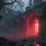 A cinematic shot of a long forgotten gothic ruins, where the forces of evil and good once battled. The picture was at twilight, with the suns rays casting long, macabre shadows, punctuated by sharp crepuscular rays breaking through the red mist. UHD wallpapers. Fantasy desktop backgrounds by Art by Innovation. Abandoned stone cloister or ruin with tall arches, a gnarled tree in the foreground, illuminated by eerie red light streaming through a central window.