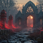 A cinematic shot of a long forgotten gothic ruins, where the forces of evil and good once battled. The picture was at twilight, with the suns rays casting long, macabre shadows, punctuated by sharp crepuscular rays breaking through the red mist. UHD wallpapers. Fantasy desktop backgrounds by Art by Innovation. Dark gothic ruin with glowing red plants along a stone path toward an arched gate at dusk.