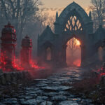 A cinematic shot of a long forgotten gothic ruins, where the forces of evil and good once battled. The picture was at twilight, with the suns rays casting long, macabre shadows, punctuated by sharp crepuscular rays breaking through the red mist. UHD wallpapers. Fantasy desktop backgrounds by Art by Innovation. Dark gothic ruin with glowing red plants along a stone path toward an arched gate at dusk.