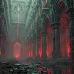 A cinematic shot of a long forgotten gothic ruins, where the forces of evil and good once battled. The picture was at twilight, with the suns rays casting long, macabre shadows, punctuated by sharp crepuscular rays breaking through the red mist. UHD wallpapers. Fantasy desktop backgrounds by Art by Innovation. Ruined Gothic cathedral hall with tall columns and red ambient lighting, smoky atmosphere, and puddled floor with reflections.