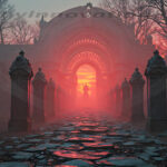 A cinematic shot of a long forgotten gothic ruins, where the forces of evil and good once battled. The picture was at twilight, with the suns rays casting long, macabre shadows, punctuated by sharp crepuscular rays breaking through the red mist. UHD wallpapers. Fantasy desktop backgrounds by Art by Innovation. Stone walkway lined with tall pillars leading to a glowing red archway in a foggy, haunted forest.