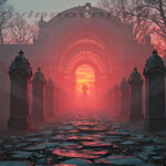 A cinematic shot of a long forgotten gothic ruins, where the forces of evil and good once battled. The picture was at twilight, with the suns rays casting long, macabre shadows, punctuated by sharp crepuscular rays breaking through the red mist. UHD wallpapers. Fantasy desktop backgrounds by Art by Innovation. Stone walkway lined with tall pillars leading to a glowing red archway in a foggy, haunted forest.