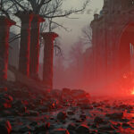 A cinematic shot of a long forgotten gothic ruins, where the forces of evil and good once battled. The picture was at twilight, with the suns rays casting long, macabre shadows, punctuated by sharp crepuscular rays breaking through the red mist. UHD wallpapers. Fantasy desktop backgrounds by Art by Innovation. Ruined stone columns in a foggy, lava-red ruin with a blazing fire on the ground on the right side.