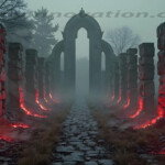 A cinematic shot of a long forgotten gothic ruins, where the forces of evil and good once battled. The picture was at twilight, with the suns rays casting long, macabre shadows, punctuated by sharp crepuscular rays breaking through the red mist. UHD wallpapers. Fantasy desktop backgrounds by Art by Innovation. Foggy ancient ruin with stone pillars lining a cobblestone path toward a central arched gateway, red embers glowing at the bases.