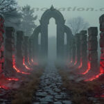 A cinematic shot of a long forgotten gothic ruins, where the forces of evil and good once battled. The picture was at twilight, with the suns rays casting long, macabre shadows, punctuated by sharp crepuscular rays breaking through the red mist. UHD wallpapers. Fantasy desktop backgrounds by Art by Innovation. Foggy ancient ruin with stone pillars lining a cobblestone path toward a central arched gateway, red embers glowing at the bases.