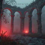 A cinematic shot of a long forgotten gothic ruins, where the forces of evil and good once battled. The picture was at twilight, with the suns rays casting long, macabre shadows, punctuated by sharp crepuscular rays breaking through the red mist. UHD wallpapers. Fantasy desktop backgrounds by Art by Innovation. Foggy forest ruins with stone arches glowing red from hidden lights on a cobblestone path.