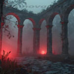 A cinematic shot of a long forgotten gothic ruins, where the forces of evil and good once battled. The picture was at twilight, with the suns rays casting long, macabre shadows, punctuated by sharp crepuscular rays breaking through the red mist. UHD wallpapers. Fantasy desktop backgrounds by Art by Innovation. Foggy forest ruins with stone arches glowing red from hidden lights on a cobblestone path.