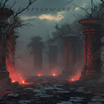 A cinematic shot of a long forgotten gothic ruins, where the forces of evil and good once battled. The picture was at twilight, with the suns rays casting long, macabre shadows, punctuated by sharp crepuscular rays breaking through the red mist. UHD wallpapers. Fantasy desktop backgrounds by Art by Innovation. Ancient stone ruins with tall columns along a smoky path, embers glowing at their bases in a dark, eerie scene.