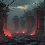 A cinematic shot of a long forgotten gothic ruins, where the forces of evil and good once battled. The picture was at twilight, with the suns rays casting long, macabre shadows, punctuated by sharp crepuscular rays breaking through the red mist. UHD wallpapers. Fantasy desktop backgrounds by Art by Innovation. Ancient stone ruins with tall columns along a smoky path, embers glowing at their bases in a dark, eerie scene.