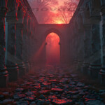 A cinematic shot of a long forgotten gothic ruins, where the forces of evil and good once battled. The picture was at twilight, with the suns rays casting long, macabre shadows, punctuated by sharp crepuscular rays breaking through the red mist. UHD wallpapers. Fantasy desktop backgrounds by Art by Innovation. Weathered stone colonnade in a misty forest, red sunset light streaming through arches onto a rocky, cobblestone path.