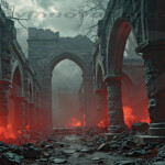 A cinematic shot of a long forgotten gothic ruins, where the forces of evil and good once battled. The picture was at twilight, with the suns rays casting long, macabre shadows, punctuated by sharp crepuscular rays breaking through the red mist. UHD wallpapers. Fantasy desktop backgrounds by Art by Innovation. Ruined stone arches in a dark corridor, glowing red embers and smoke on the ground create an eerie scene.