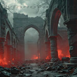 A cinematic shot of a long forgotten gothic ruins, where the forces of evil and good once battled. The picture was at twilight, with the suns rays casting long, macabre shadows, punctuated by sharp crepuscular rays breaking through the red mist. UHD wallpapers. Fantasy desktop backgrounds by Art by Innovation. Ruined stone arches in a dark corridor, glowing red embers and smoke on the ground create an eerie scene.