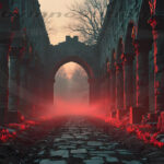 A cinematic shot of a long forgotten gothic ruins, where the forces of evil and good once battled. The picture was at twilight, with the suns rays casting long, macabre shadows, punctuated by sharp crepuscular rays breaking through the red mist. UHD wallpapers. Fantasy desktop backgrounds by Art by Innovation. Ruined stone colonnade with a central archway and a red glow along the cobblestones in foggy lightened ruins.