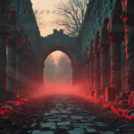 A cinematic shot of a long forgotten gothic ruins, where the forces of evil and good once battled. The picture was at twilight, with the suns rays casting long, macabre shadows, punctuated by sharp crepuscular rays breaking through the red mist. UHD wallpapers. Fantasy desktop backgrounds by Art by Innovation. Ruined stone colonnade with a central archway and a red glow along the cobblestones in foggy lightened ruins.