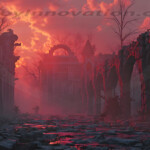 A cinematic shot of a long forgotten gothic ruins, where the forces of evil and good once battled. The picture was at twilight, with the suns rays casting long, macabre shadows, punctuated by sharp crepuscular rays breaking through the red mist. UHD wallpapers. Fantasy desktop backgrounds by Art by Innovation. Ruined stone arches line a lava-lit path under a fiery red sky, creating a desolate, ominous landscape at dusk.